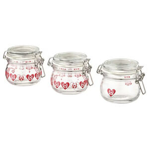 IKEA VINTERFINT Jar With Lid, Heart Pattern Glass/Red, 3 Pack (505.308.32) NEW
